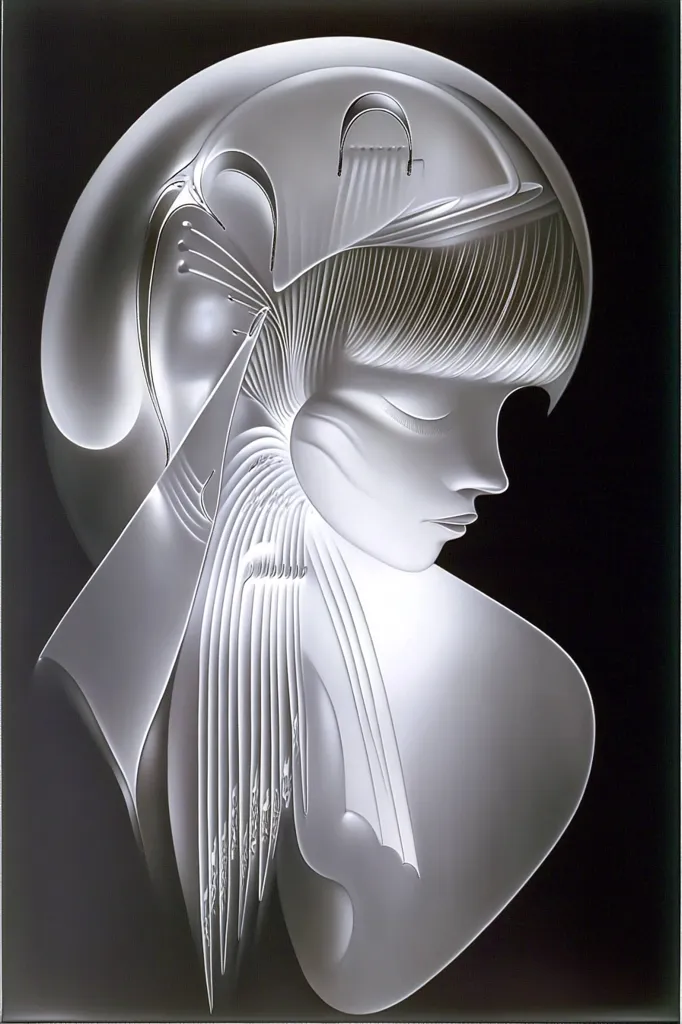 The image is a black and white abstract sculpture of a woman's head. The sculpture is made of smooth, curved shapes and has a sleek, modern aesthetic. The woman's hair is styled in a bob and her face is partially obscured by a large, flowing piece of fabric. The sculpture is illuminated from the left side, casting shadows that add depth and dimension. The overall effect is one of elegance and mystery.