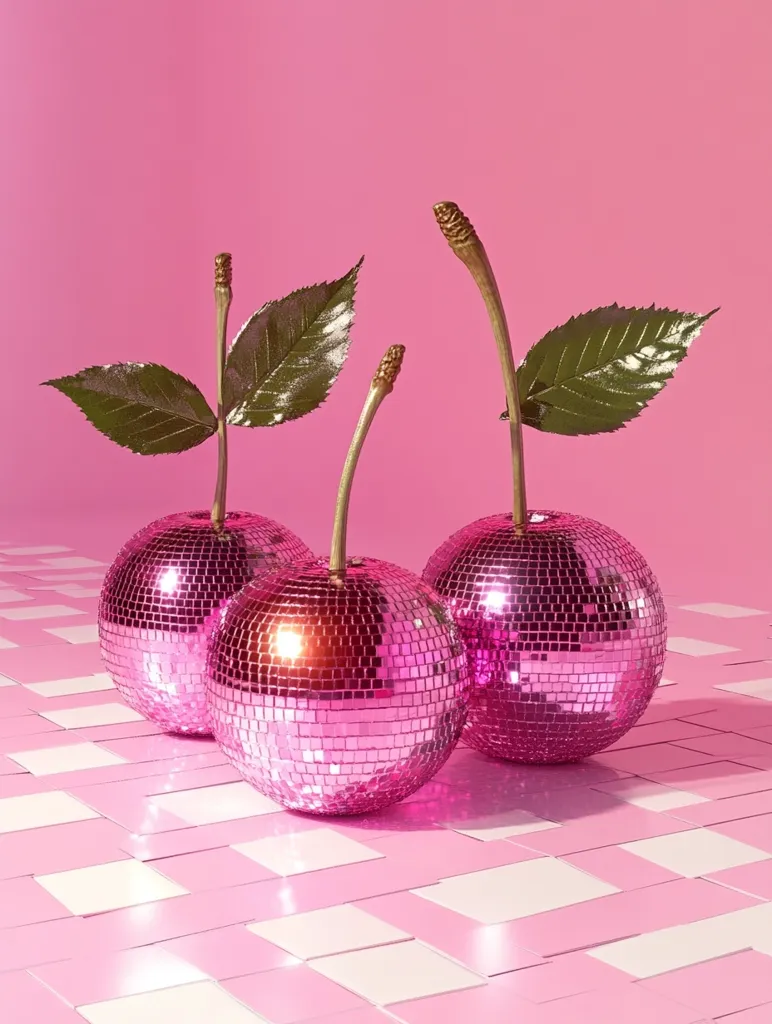Three pink disco ball cherries with gold stems and leaves sit on a pink and white checkered surface. The background is a solid pink. The cherries are shiny and reflect light, creating a festive and playful atmosphere.