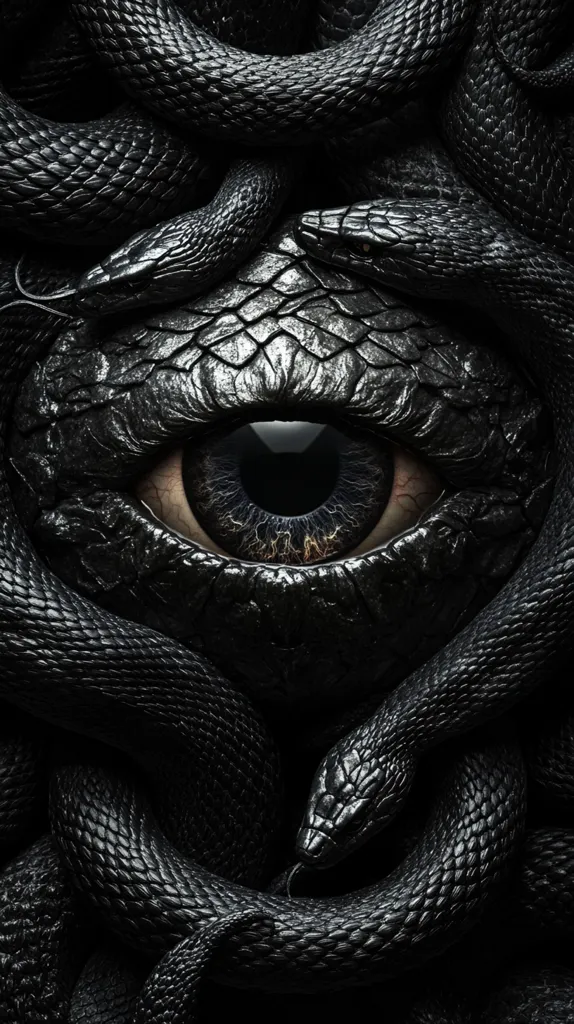 A large, black eye is surrounded by the intertwined bodies of black snakes. The eye is detailed with veins and a dark pupil, giving a sense of depth and mystery. The snakes' scales are textured, creating a sense of  reptilian  and  sinister. The overall image is dark and ominous, suggesting danger and the unknown.