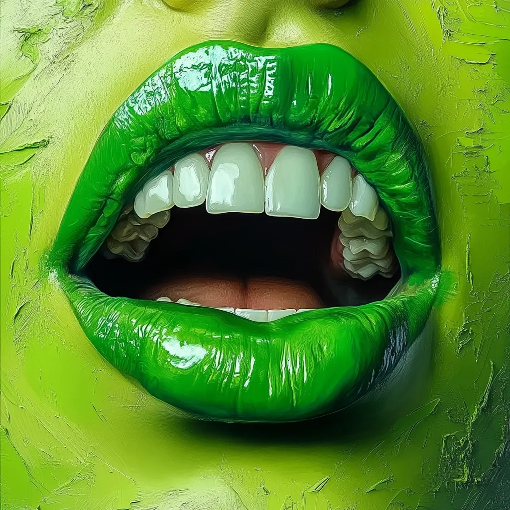 A close-up of a person's mouth with bright green lipstick. The lips are open in a wide, almost exaggerated, smile, revealing a row of perfectly aligned white teeth. The skin around the mouth is a vibrant green, almost lime green, with a slightly textured, almost painted, appearance. The image creates a surreal and slightly unsettling effect.