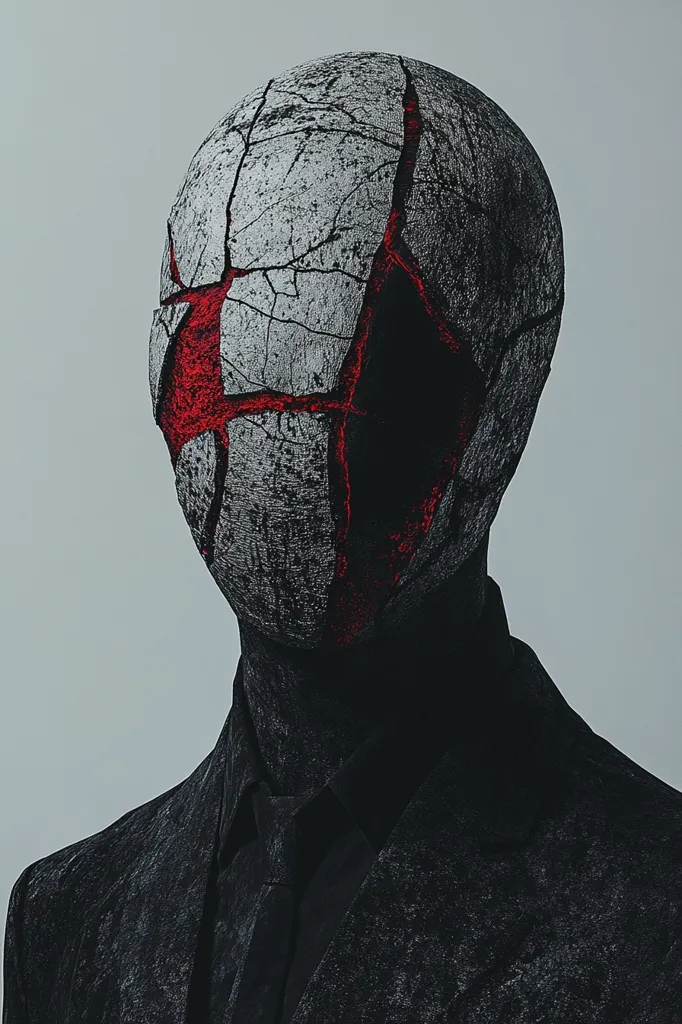 A person wearing a black suit and tie, with a cracked, gray and red mask covering their face. The mask has deep cracks and crevices, creating a disturbing and unsettling image. The mask appears to be made of some hard, rough material, possibly stone. The person's eyes are obscured by the mask, adding to the mystery and fear evoked by the image. The lighting is dim and the background is a simple gray, emphasizing the eerie nature of the subject.