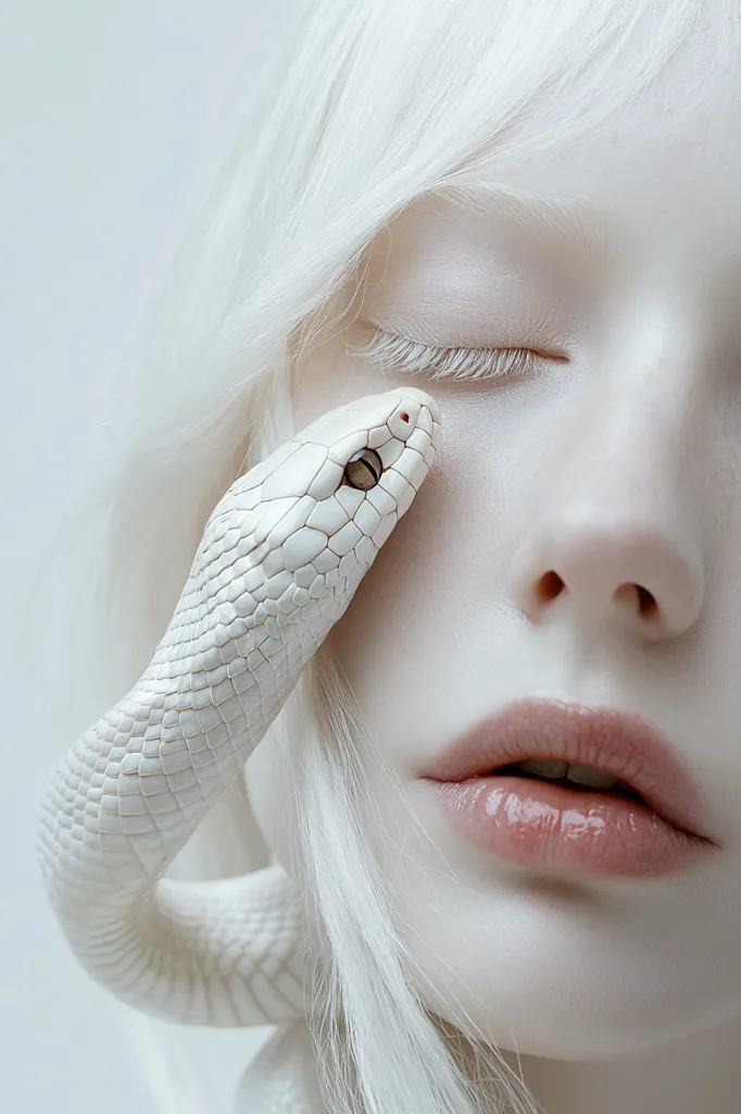 A close-up of a woman with alabaster skin and platinum blonde hair. Her eyes are closed and a white snake is coiled around her face, its head resting near her eye. The image is a study in contrast - the stark white of the skin and snake against the soft, delicate features of the woman's face. The overall effect is one of ethereal beauty and fragility.