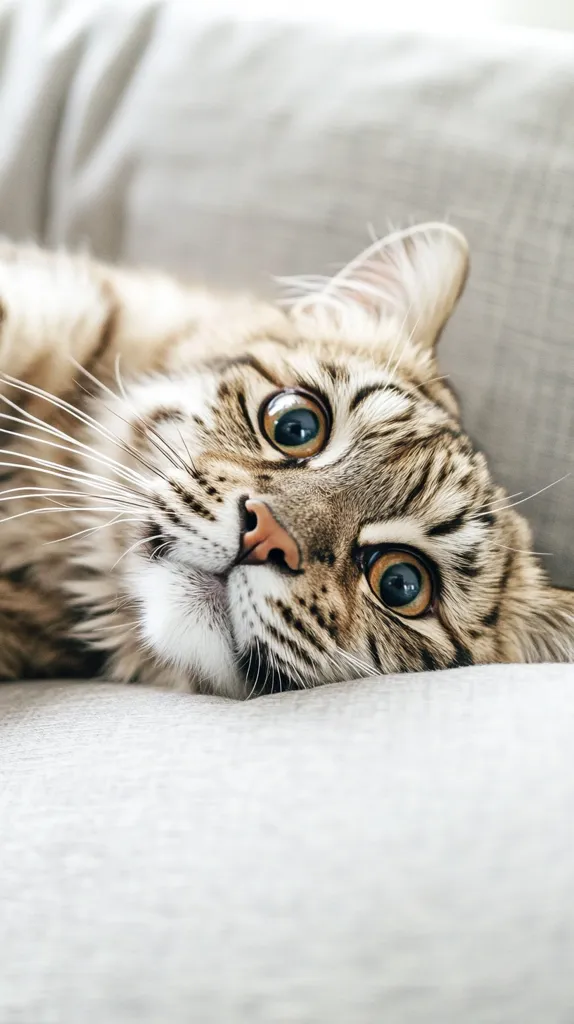 A tabby cat with large, round eyes lies on a white surface, looking directly at the camera. Its fur is a mix of brown, black, and white, with distinct stripes. The cat's face is relaxed, and its whiskers are prominent. The background is blurred, focusing attention on the cat's captivating gaze.  The image evokes a sense of domestic comfort and feline charm.
