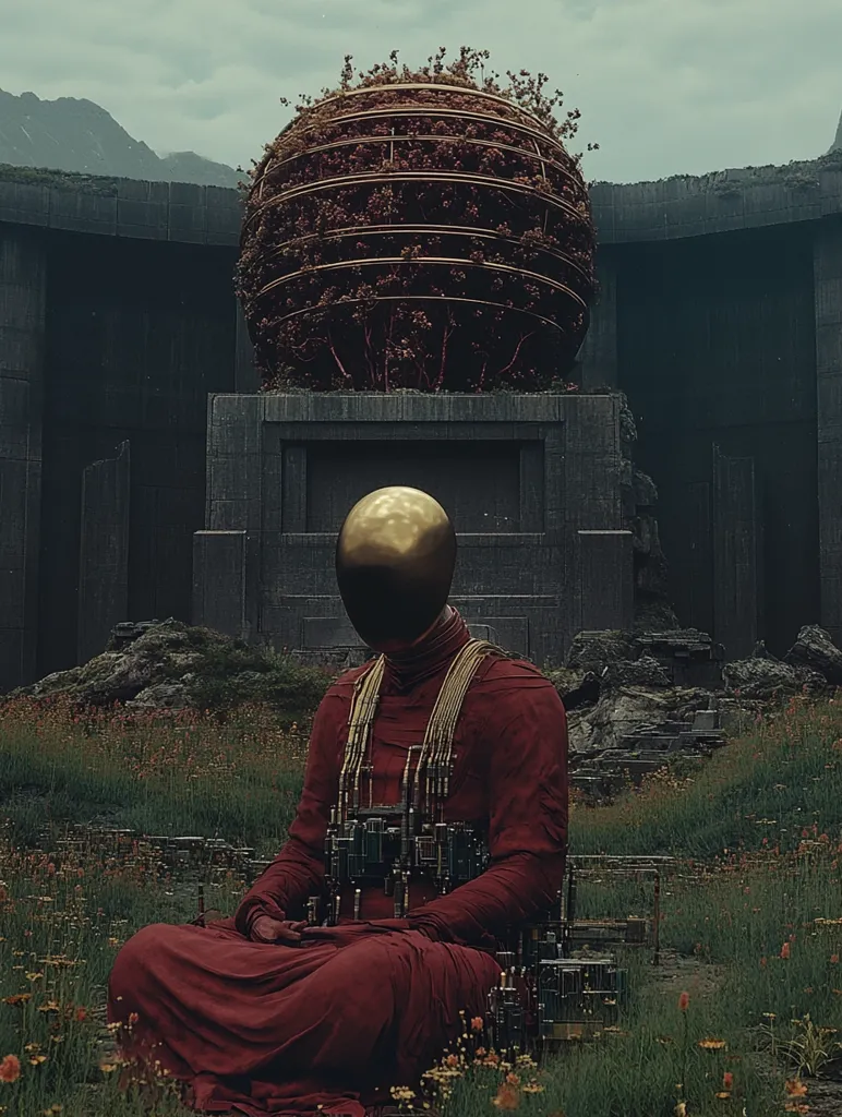 A figure wearing a red robe and a golden mask sits in a field of green grass and red flowers. Behind them stands a grey stone structure topped with a sphere of intertwined branches. The figure appears to be in meditation, their hands clasped in their lap. The overall tone of the image is one of mystery and solitude.