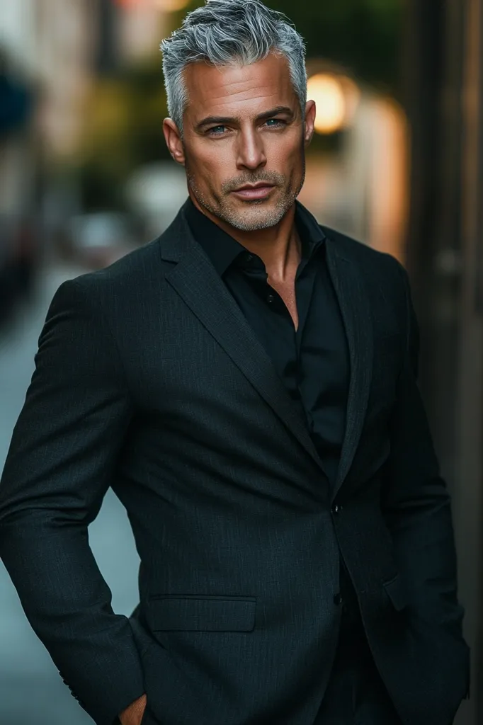 A man with silver hair is wearing a dark suit jacket and black shirt. He has a serious expression on his face, and his hands are in his pockets. The background is out of focus, but it appears to be an urban environment. The man is well-dressed and appears to be confident and stylish.