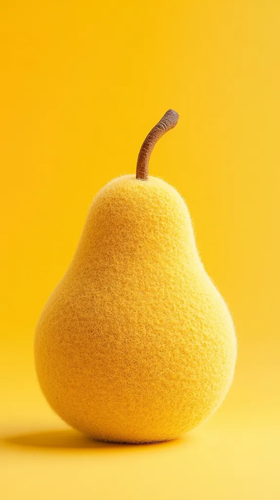 A fuzzy, yellow pear sits against a bright yellow background. The pear is round and slightly pear-shaped, with a brown stem. The texture of the pear is soft and fuzzy, with a slight sheen.  The image is simple and minimalist, with a focus on the color and texture of the pear.
