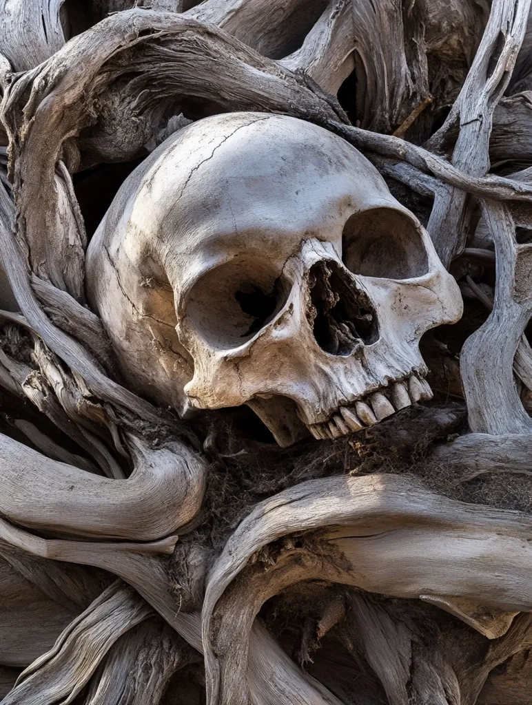 A human skull, resting amongst twisted and gnarled tree branches. The skull is facing forward, showing its detailed structure, with visible teeth. The branches create a dark and eerie atmosphere, suggesting a sense of decay and mortality. The contrast between the smooth bone and the rough wood adds a textured visual element.