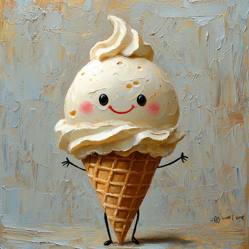 The image depicts a cartoon ice cream cone with a happy face. It is painted in a style reminiscent of children's art, with bold colors and simple shapes. The ice cream is white with chocolate chips, and the cone is a light brown. It has two small arms and legs, and is standing on a gray background. The ice cream looks friendly and cheerful, as if it is ready to be enjoyed. The artist's signature is visible in the bottom right corner.