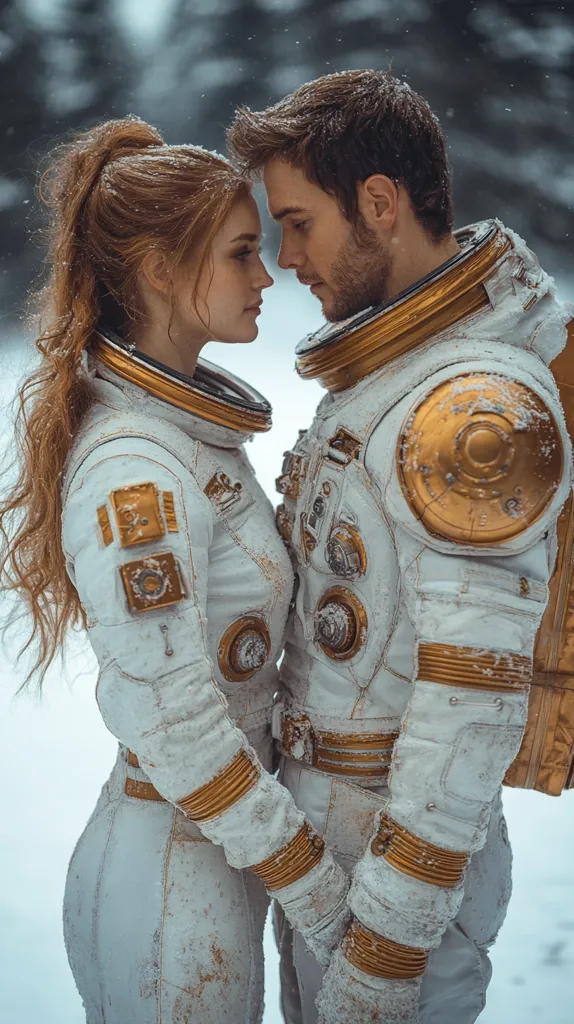 A man and a woman in white space suits with gold accents look at each other lovingly.  They are both standing in a snowy, wintry setting. The woman has long, flowing red hair and the man has short, brown hair. The photo is taken from a low angle. They both are wearing astronaut suits and looking at each other with affection.  The couple's white suits stand out against the snowy background.  Their golden accents add a touch of elegance to their attire.  The photo evokes a sense of adventure, romance, and the possibility of exploring new frontiers together.
