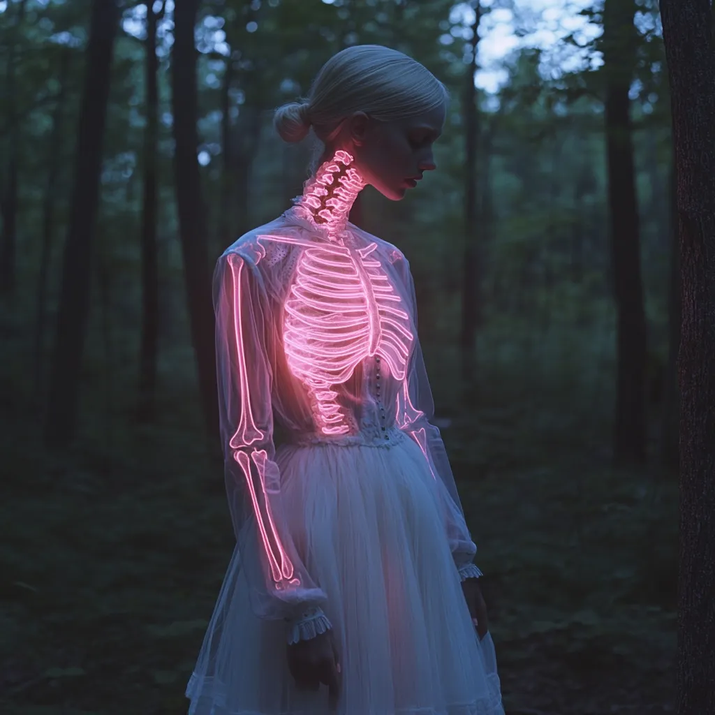 A woman in a white dress stands in a forest, her body glowing with a pink, neon skeletal outline. The dark forest surrounds her, making her the focal point of the image. Her pale skin and long, blonde hair contrast with the dark background, creating a striking image. The overall effect is ethereal and haunting, suggesting a surreal and possibly unsettling scenario.