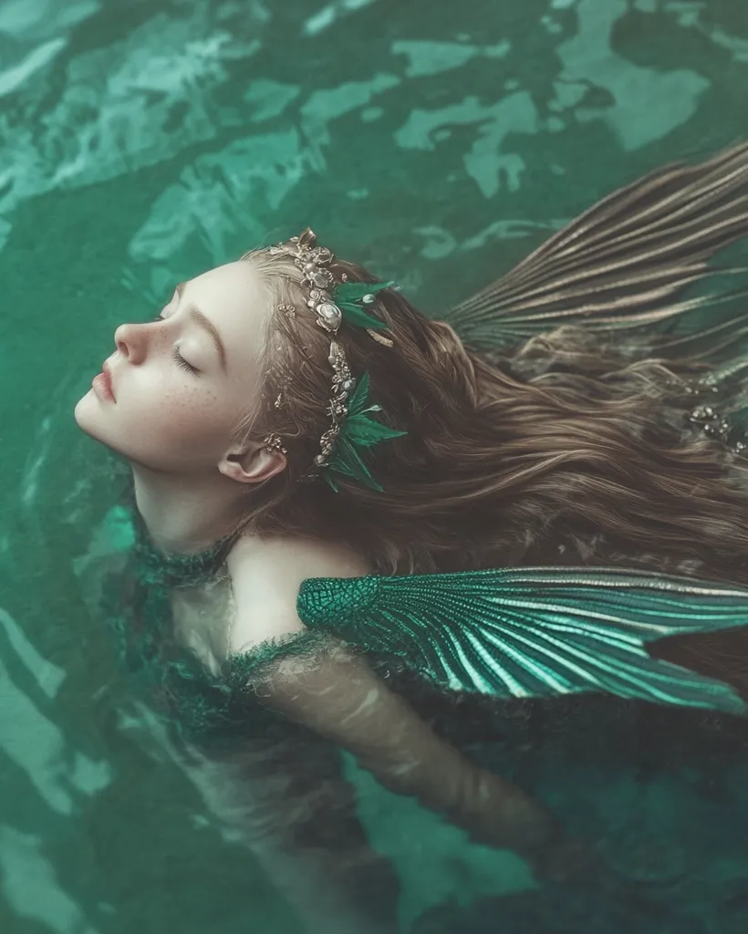 A woman with long brown hair and a jeweled crown lies submerged in green water. Her face is serene, her eyes closed. A shimmering green mermaid tail extends from her back, blending seamlessly with the water. The image evokes a sense of magic and underwater wonder.