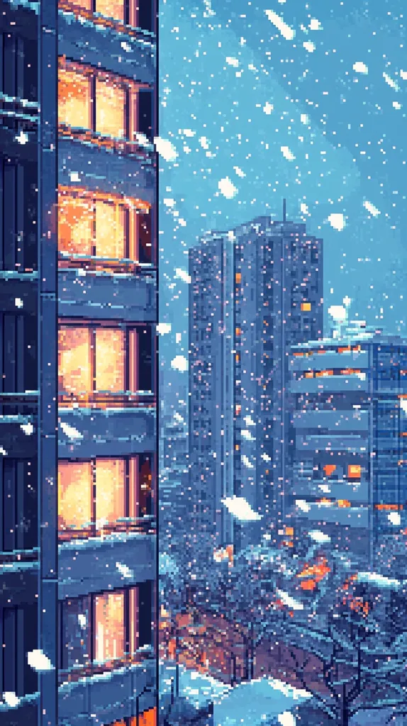 The image depicts a cityscape blanketed in snow. A tall building with glowing windows dominates the foreground, while other buildings line the snowy street below. The sky is a vibrant blue, with snowflakes falling gently. The scene is peaceful and serene, evoking a sense of winter tranquility.