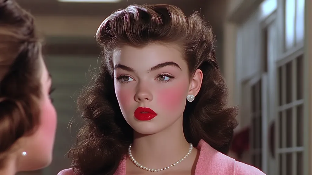 A young woman with dark hair styled in a classic updo is looking intently at someone off camera. She is wearing bright red lipstick, blush, pearl earrings, and a pearl necklace. She is dressed in a light pink jacket.  The background is out of focus and appears to be a hallway.  The photo has a vintage feel.