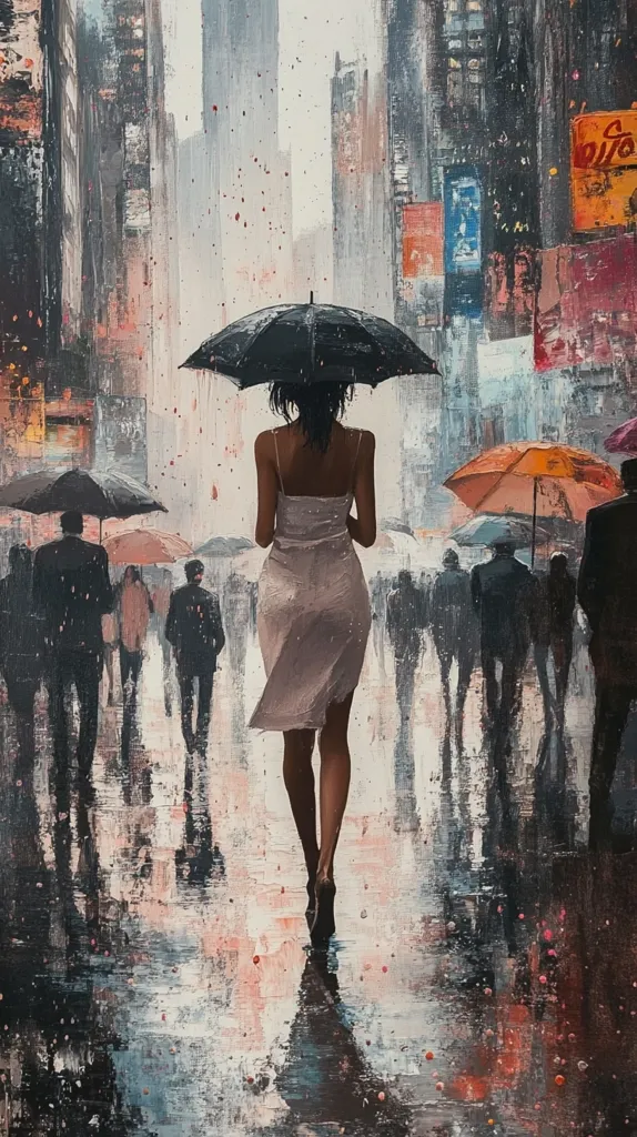 A woman in a white dress walks down a city street under a black umbrella. It is raining and the street is wet and reflective. There are many other people in the background, also walking and carrying umbrellas. The buildings are tall and grey, and there are many signs and advertisements on them. The painting is done in a loose and impressionistic style.