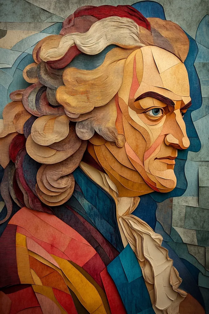 A portrait of a man with a powdered wig, crafted entirely from layered paper. The intricate details of the man's face, hair, and clothing are sculpted with precision, creating a unique and captivating art piece. The use of vibrant colors and textured paper adds depth and dimension to the artwork. The portrait is presented in a close-up view, highlighting the artist's meticulous craftsmanship.