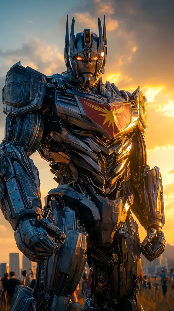 A large, metallic robot stands in front of a crowd of people. It has a sleek, silver and black design with glowing yellow eyes. Its chest features a yellow star surrounded by red, and it is posed with its arms outstretched. The robot stands against a backdrop of a cloudy sunset.