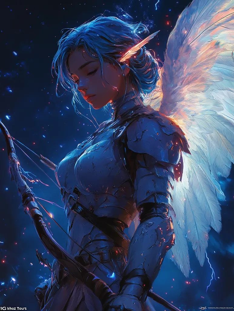 A female angel with blue hair and large white wings stands with her eyes closed. She wears metallic armor and holds a bow and arrow. Her wings are partially illuminated with a golden light, and the background is a dark blue with white sparks. The image has a sense of sorrow and mystery.
