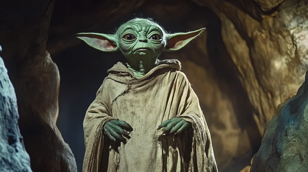 The image shows a young Yoda, a small, green, alien with large ears and a wrinkled face, wearing a brown, tattered robe. He stands in a dark cave, looking at the viewer with a serious expression. His long, slender fingers are clasped in front of him. The image is dimly lit, with the only source of light coming from the entrance to the cave. The overall tone of the image is mysterious and powerful.