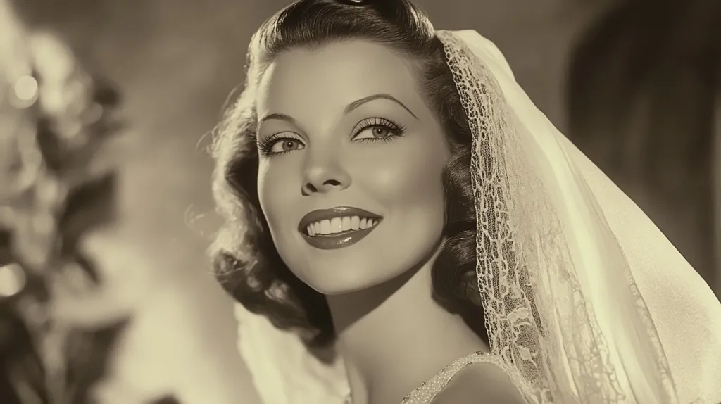 A black and white portrait of a woman wearing a veil. She is smiling and looking to the left of the frame. Her hair is styled in soft waves and she has a delicate lace veil draped over her head and shoulders. The background is blurred. The image captures a moment of bridal joy and anticipation.