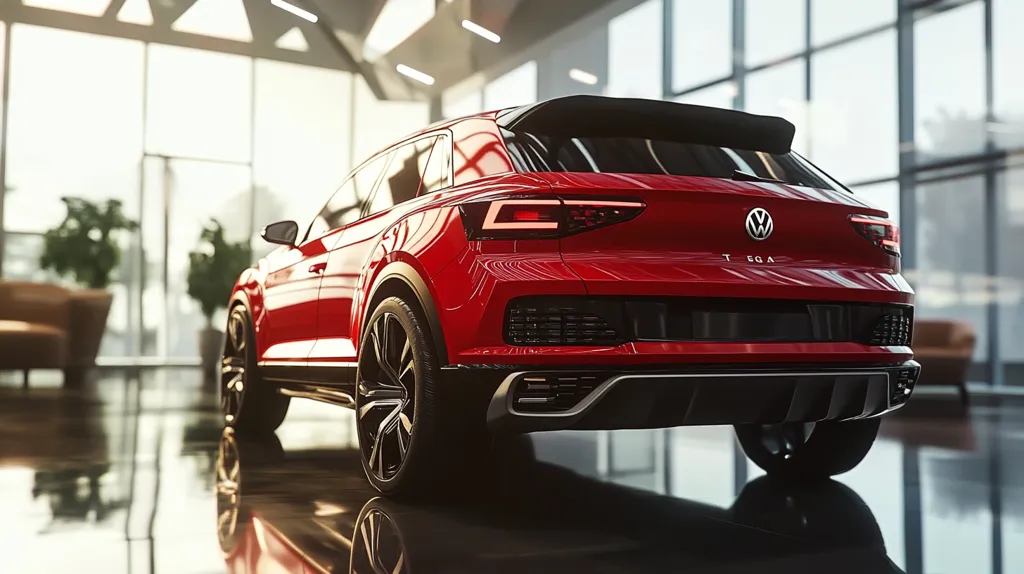 A red Volkswagen T-Roc  is parked in a showroom. The car is  clean and shiny, and the back end  is in focus.  The large windows allow natural light to illuminate the space.  A large, modern showroom is partially visible in the background.