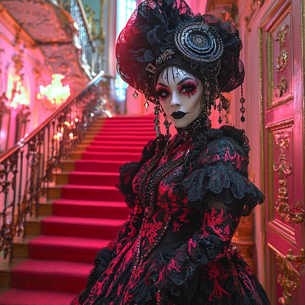 A woman in a dramatic, black and red gown stands on a red carpeted staircase in a grand, opulent mansion. Her ornate headdress features black lace and embellishments, and her makeup is dark and dramatic. Her expression is enigmatic, suggesting a mysterious and alluring presence. The setting evokes a sense of gothic romance and grandeur.