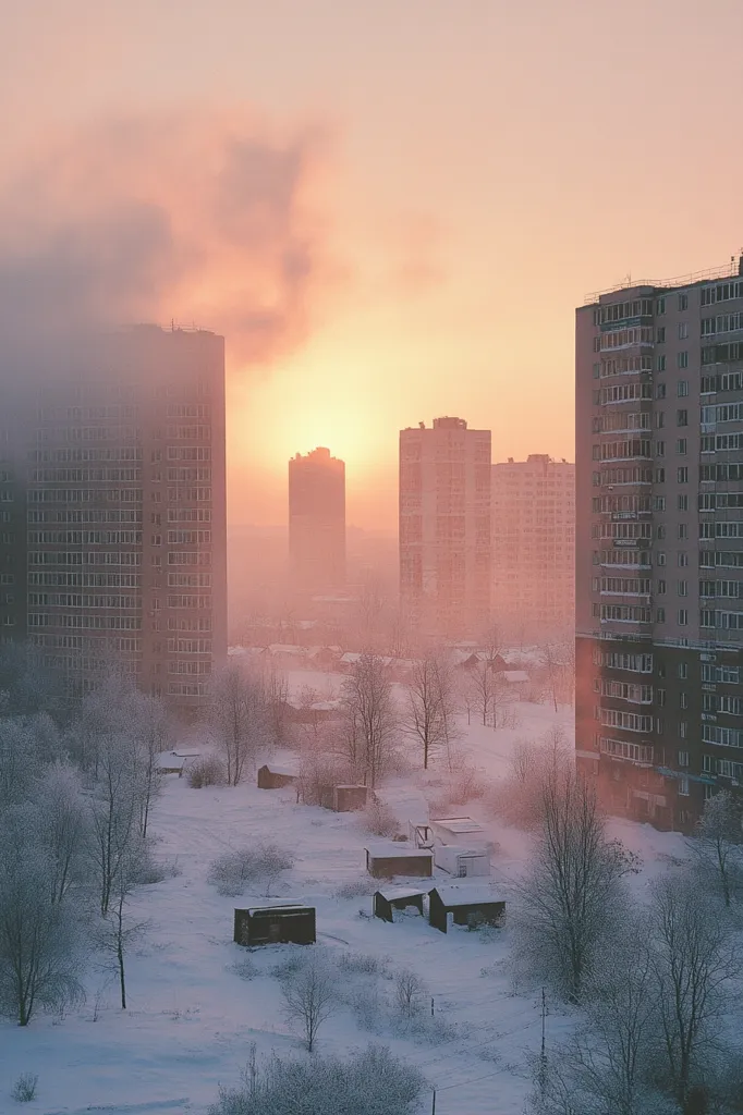The image depicts a snowy cityscape under a pink sunrise. Tall apartment buildings line the horizon, shrouded in a soft mist. Trees stand silhouetted against the glowing sky, and the ground is covered in a fresh blanket of snow. The scene has a serene and peaceful atmosphere, hinting at a quiet moment before the day begins.