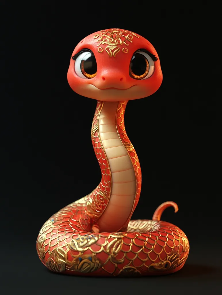 A cute, cartoon-style snake with large eyes and a red, gold-trimmed body. It is curled up in a coiled position, with its head held high and facing slightly to the left. The snake is set against a black background, creating a striking contrast. The image is likely meant to be whimsical and charming.
