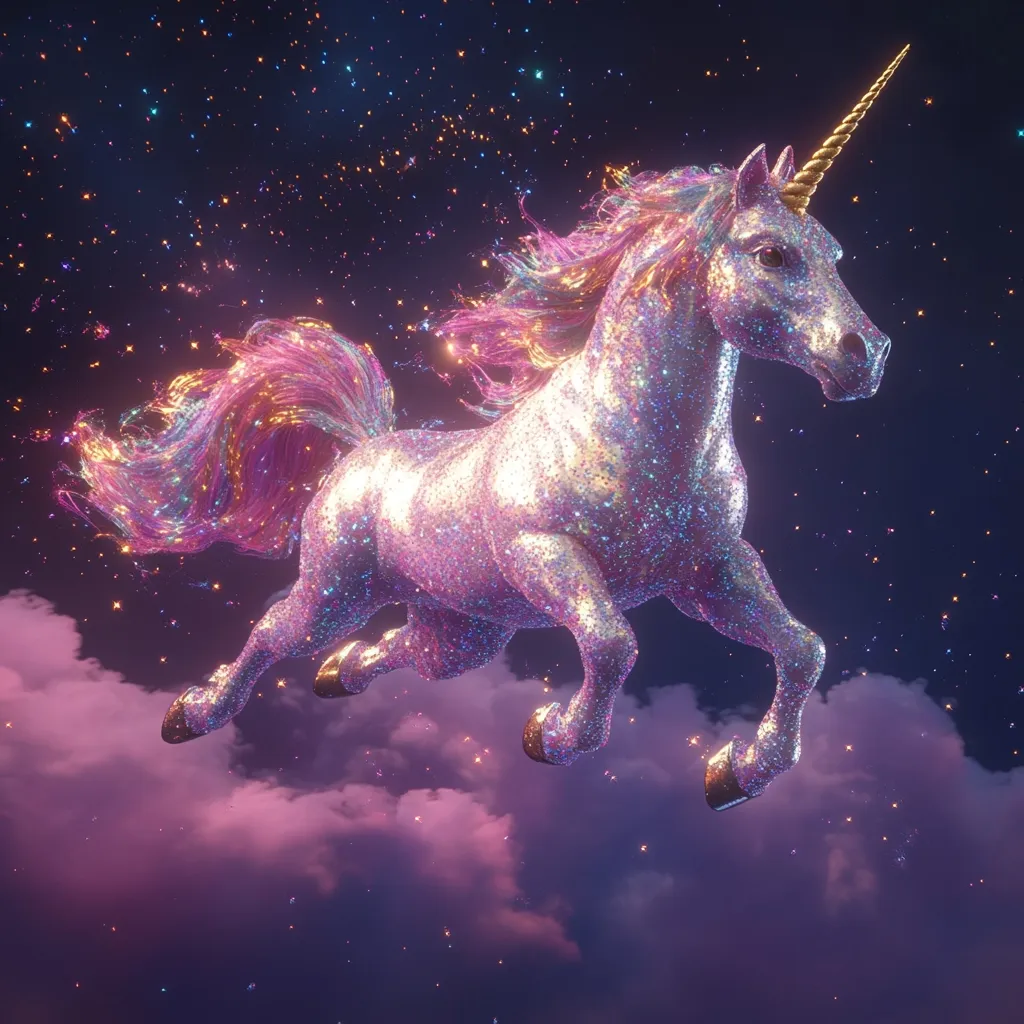 A majestic unicorn, covered in iridescent glitter, soars through a starry night sky. Its golden horn shines brightly, and its mane and tail shimmer with a rainbow of colors. Soft, fluffy clouds billow beneath the magical creature, creating a dreamy and ethereal scene.  The unicorn's powerful legs propel it forward, leaving a trail of sparkling dust in its wake.