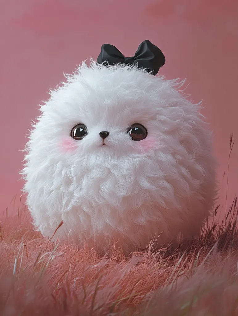 A fluffy white dog with a black bow sits in a field of pink grass. Its large, dark eyes are wide with innocence. The dog's fur is so thick and soft it looks like a cloud. The background is a soft, pink hue that accentuates the dog's cuteness. The image evokes feelings of warmth, tenderness, and joy.