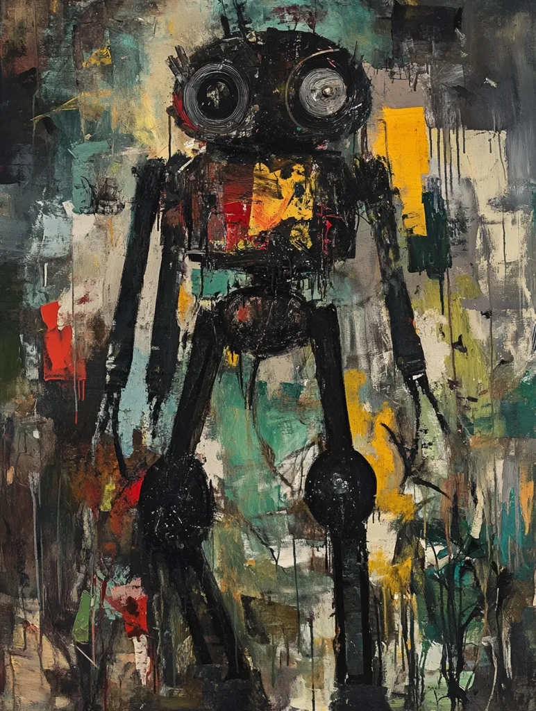The image depicts a stylized robot standing in a landscape of abstract brushstrokes and colors. The robot is primarily black, with circular eyes and a head that resembles a helmet. The background is a chaotic mix of greens, browns, yellows, and blues, creating a sense of depth and movement. The painting evokes a sense of mystery and the unknown, inviting viewers to interpret its meaning.