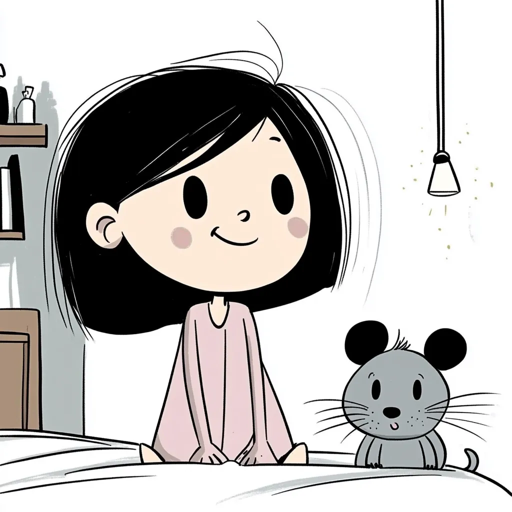 A young girl with black hair, wearing pink pajamas, sits on a bed with a small grey mouse beside her. The girl is smiling and looking towards the left side of the image. The mouse is looking at the girl with a curious expression. A light hangs from the ceiling above the girl's head.  The image is drawn in a simple, cartoon style.