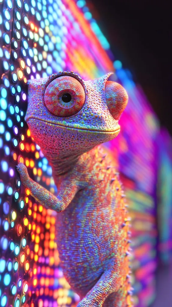 A vibrant chameleon, with large, round eyes and a textured, iridescent skin, is perched on a wall of colorful, glowing buttons. The chameleon's colors blend seamlessly with the background, creating a mesmerizing visual spectacle of light and life. The image captures a moment of tranquility and beauty, showcasing the chameleon's adaptability and the captivating power of color.