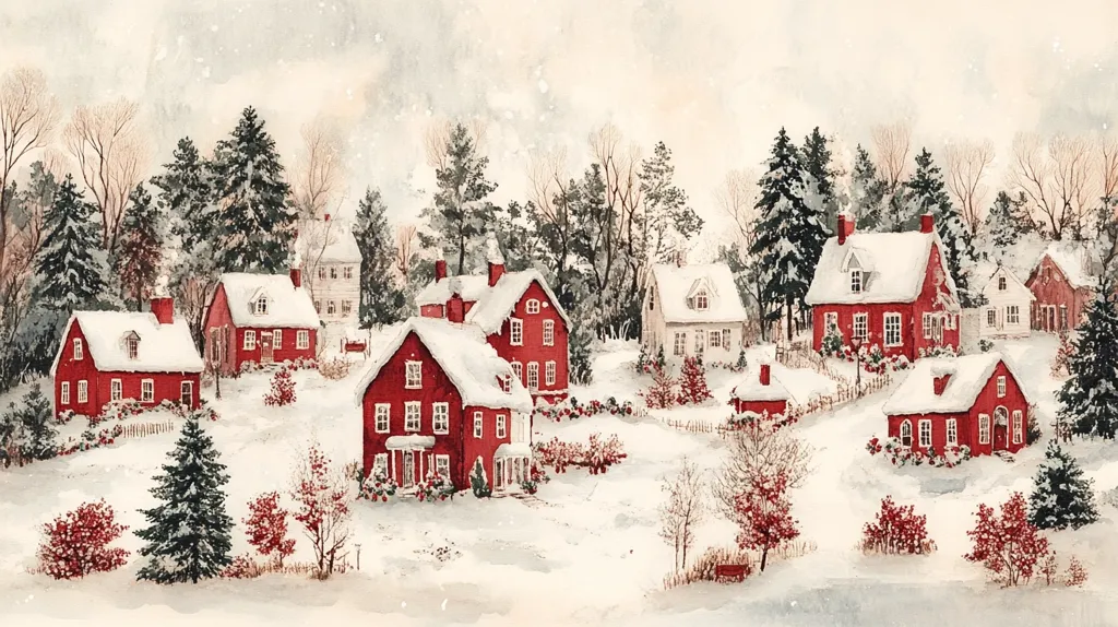 A quaint, snowy village scene with red-roofed houses nestled amongst the trees. Snow covers the ground and rooftops, creating a peaceful winter atmosphere. The trees, adorned with delicate snow, stand tall against the backdrop of a softly falling snow. The houses, painted in various shades of red, add a touch of warmth to the frosty landscape.
