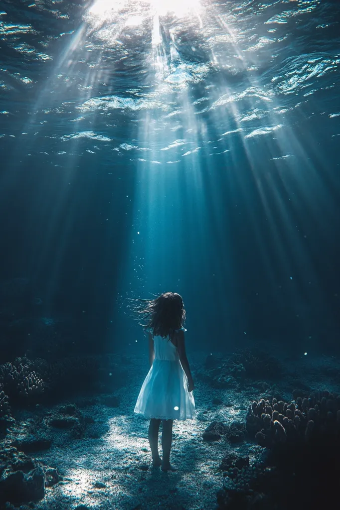 A young girl in a white dress stands on the ocean floor, bathed in the ethereal glow of sunlight filtering through the water. The scene is dreamlike and mysterious, with the girl's silhouette standing out against the dark blue depths. Her long hair flows around her, adding to the ethereal atmosphere.