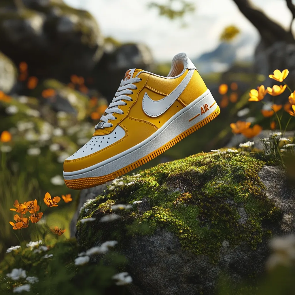 A yellow and white Air Force 1 sneaker is floating above a mossy rock. The shoe is in focus, while the background is blurry and shows green foliage and white and yellow flowers. The sneaker's swoosh logo and "AIR" lettering are prominent. The image evokes a sense of nature and style.