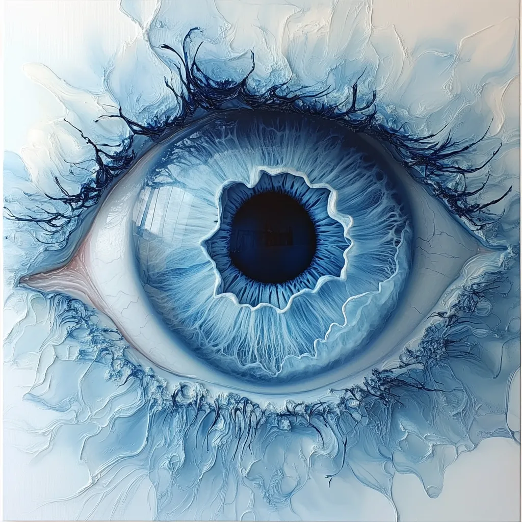 A close-up of a blue eye with a dark blue pupil. The iris has a textured, layered effect with white and blue paint. The eyelashes are long and black, and the surrounding skin is a light blue. The painting is done in a realistic style, and the eye looks very detailed and lifelike. The eye appears to be staring directly at the viewer, creating a sense of intimacy and intensity. The painting evokes a sense of mystery and wonder, as if the eye is looking into the viewer's soul.