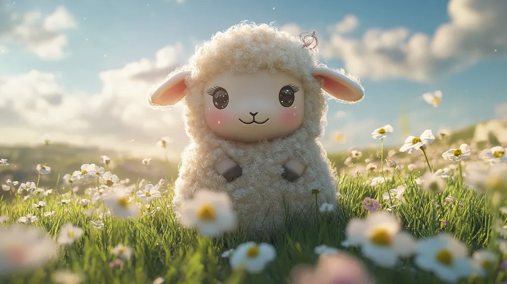 A fluffy, white lamb with large, cartoon eyes sits in a field of daisies. The lamb is surrounded by green grass and white flowers. The sky is a clear blue with fluffy clouds. The lamb is looking at the camera with a sweet, innocent expression. The image is warm and inviting, with a sense of peace and tranquility.  The scene evokes a sense of childhood innocence and carefree joy.