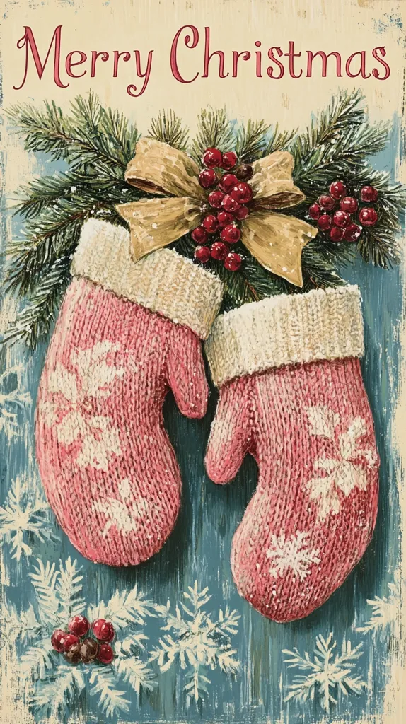 The image is a Christmas card with a wintery theme. It features two pink knitted mittens with white snowflakes on them, a sprig of evergreen with red berries and a beige bow,  all set against a blue and white background. The card is topped with the words "Merry Christmas" written in red script.