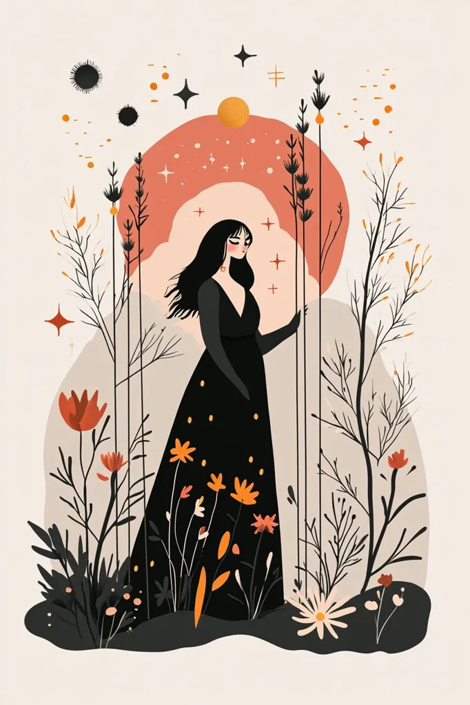 The illustration features a woman with long black hair, wearing a black dress, standing amidst a field of black and orange flowers.  She is surrounded by tall, thin stalks and a soft, peach-colored sky with twinkling stars.  The overall aesthetic is whimsical and dreamy, reminiscent of a magical forest.