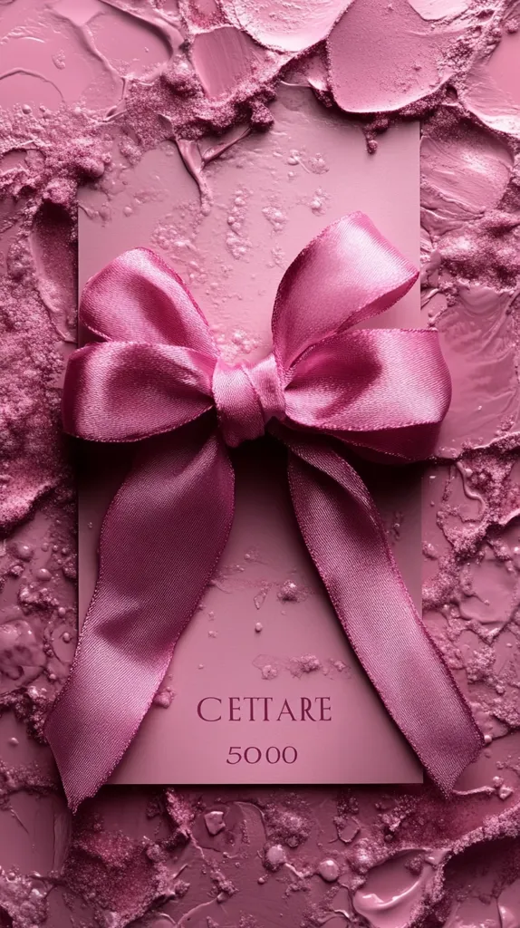 A pink gift card with a large pink bow sits on a pink textured background. The gift card reads "Cettiare 5000". The image is a close-up shot with a focus on the gift card and bow. The texture of the background is similar to that of a paint stroke.  The image is likely advertising a gift card or promotion.