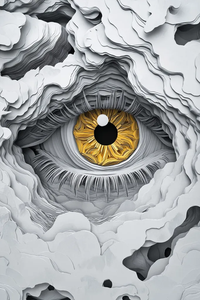 A close-up shot of a paper sculpture depicting an eye. The iris is intricately detailed, crafted from layered paper, resembling a golden swirl. The surrounding white paper forms a series of layered, undulating shapes, giving the impression of depth and a textured landscape. The eye is framed by long, delicate paper lashes, adding to the intricate and captivating nature of the artwork.