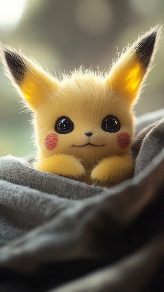 A close-up shot of a Pikachu, a popular Pokemon character, with big, round eyes and a cute, innocent expression. Its yellow fur is soft and fluffy, and its ears are perked up, with black tips. The Pikachu is nestled in a soft, grey fabric, creating a cozy and cuddly feel. The image captures the playful and lovable nature of this iconic character.