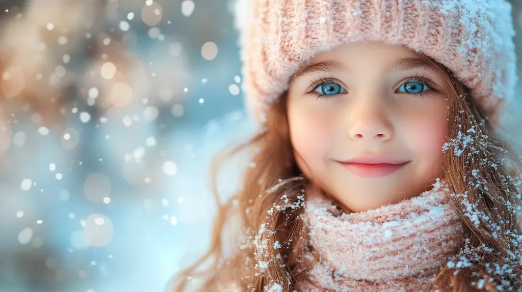 A young girl with long brown hair and bright blue eyes smiles warmly. She is wearing a pink knitted hat and scarf, and snowflakes are falling around her. The background is a soft, out-of-focus blue with white specks of light. Her expression is sweet and innocent, radiating joy and warmth.