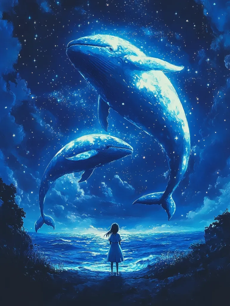 A young girl in a white dress stands on a rocky shore, gazing out at a vast, starry night sky. Two luminous blue whales, seemingly made of the same celestial material as the stars above, soar through the air. The smaller whale swims towards the shore, while the larger one, with a glowing body and a long, elegant tail, gracefully descends from the heavens. The scene evokes a sense of wonder and magic, as if the whales have come down from the sky to visit this solitary girl. The blue hues of the night sky and the ocean create a tranquil and dreamlike atmosphere.
