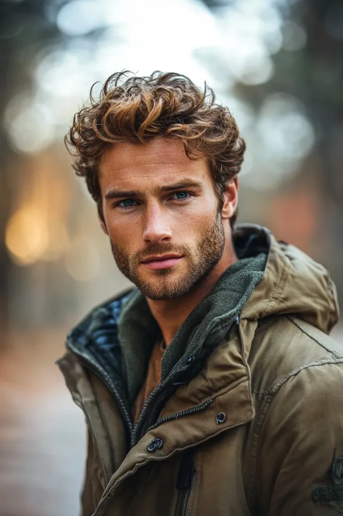 A young man with curly brown hair and a light beard stares directly at the camera. He is wearing a brown winter coat with a hood and a black zipper. The background is out of focus, making him the clear subject of the image. The man appears to be in his late 20s or early 30s.  His piercing blue eyes and stoic expression add to his handsome appearance. The overall mood of the image is serious and brooding.