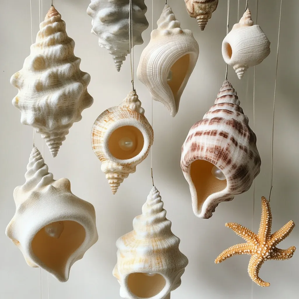 Nine seashells are suspended from the ceiling by thin strings, each containing a light bulb. They are all different shapes and sizes, some are white and some are brown. A starfish hangs below the shells, its arms reaching out in all directions. The image is a whimsical and charming display of nautical decor.