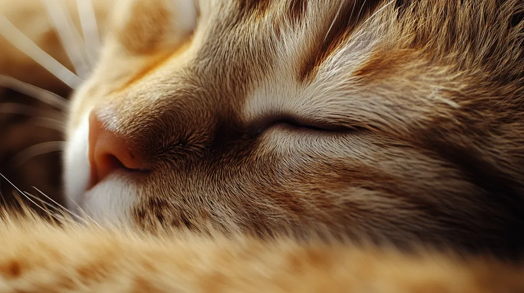 A close-up shot of a ginger cat's face as it sleeps. The cat's eyes are closed, and its soft fur is visible. Its pink nose is slightly visible as well as some white whiskers. The background is blurred, focusing the viewer's attention on the sleeping cat's face. The image conveys a sense of peace and tranquility.
