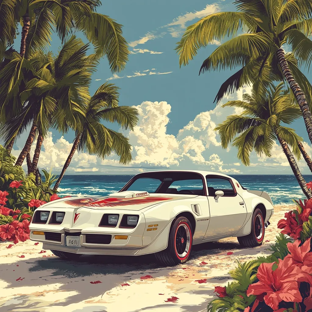 A white 1970s muscle car sits on a beach under a vibrant blue sky with fluffy clouds. Palm trees frame the scene, and the car's hood features a distinctive red bird logo. The white sand beach and the blue ocean create a quintessential tropical setting.  A sense of summer escapism is evoked.