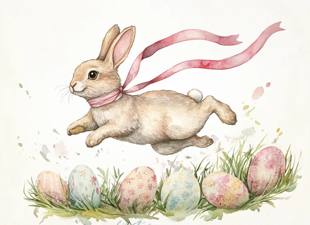 A watercolor painting of a brown bunny rabbit with a pink ribbon around its neck, leaping in mid-air with a joyful expression. The bunny is surrounded by a bed of green grass and six brightly-colored Easter eggs. The painting is done in a delicate style, with soft colors and subtle brushstrokes.