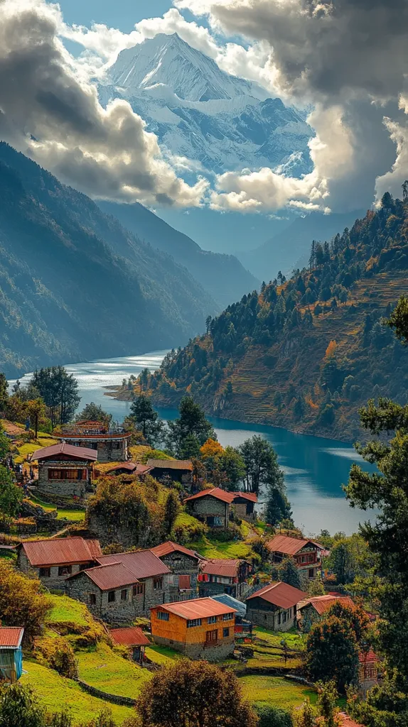 A picturesque scene unfolds with a serene lake nestled between towering mountains. The sky, adorned with puffy clouds, partially reveals a snow-capped peak. Lush greenery and charming houses cascade down the mountainside, creating a tranquil and idyllic setting. The image captures a breathtaking view of nature's beauty.